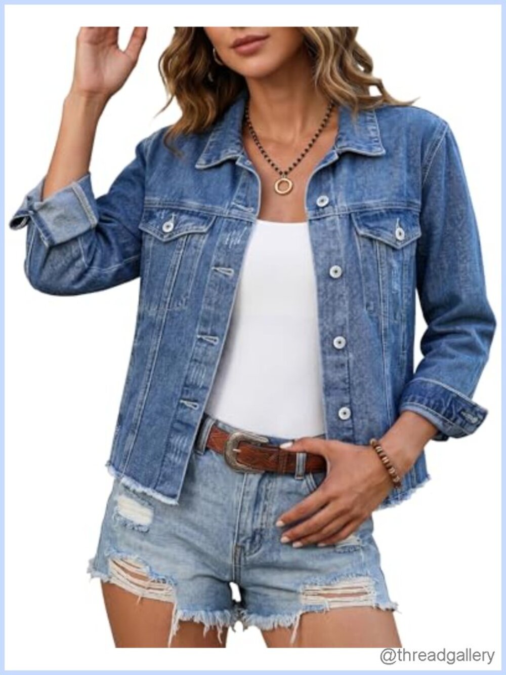 Distressed Denim Jacket Button Up Frayed Hem Trucker Casual